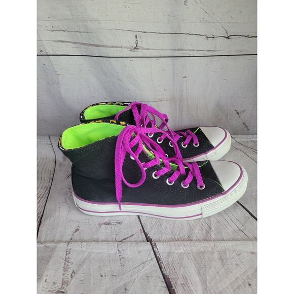 Converse Double Flap Leopard Black Purple Lime Green Women 7.5 Chuck Taylor Shoe - Picture 3 of 10